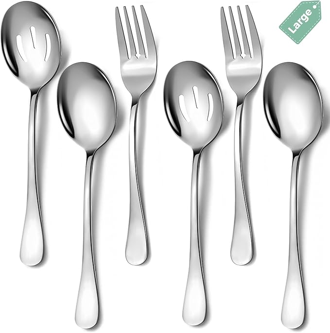 6 Piece Stainless Steel Serving Spoons Set, 10-Inch, Includes 2 Spoon/Slotted/Forks for