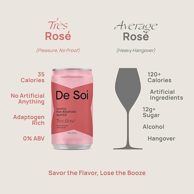 De Soi Très Rosé Mocktails NA Drinks 8 fl oz (12-pack) - Adaptogen Drink, Sparkling Drink with