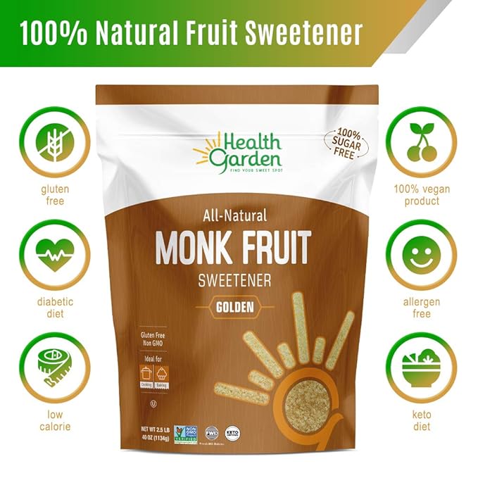 Health Garden Monk Fruit Sweetener, Golden- Non GMO - Gluten Free - 1:1 Sugar Substitute - Kosher