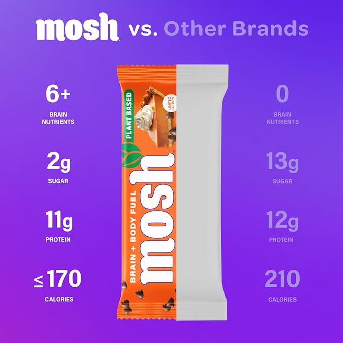 MOSH Peanut Chocolate Chip Vegan Protein Bars, Plant Based, Keto, Gluten Free, Brain Healthy Snack