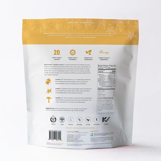 Sprout Living Epic Protein, Plant Based Protein & Superfoods Powder, Vanilla Lucuma Powder | 20