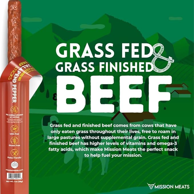 Mission Meats Beef Sticks – 100% Grass Fed & Pasture Raised, Sugar Free, Individually Wrapped