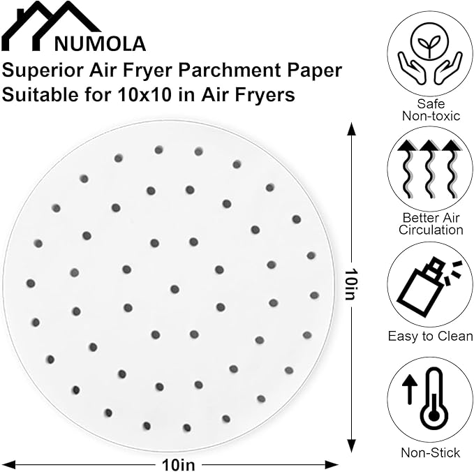 Numola Air Fryer Parchment Paper Liners, 100 Pcs Disposable Papers Liner for Baking, 10 Inch Safe