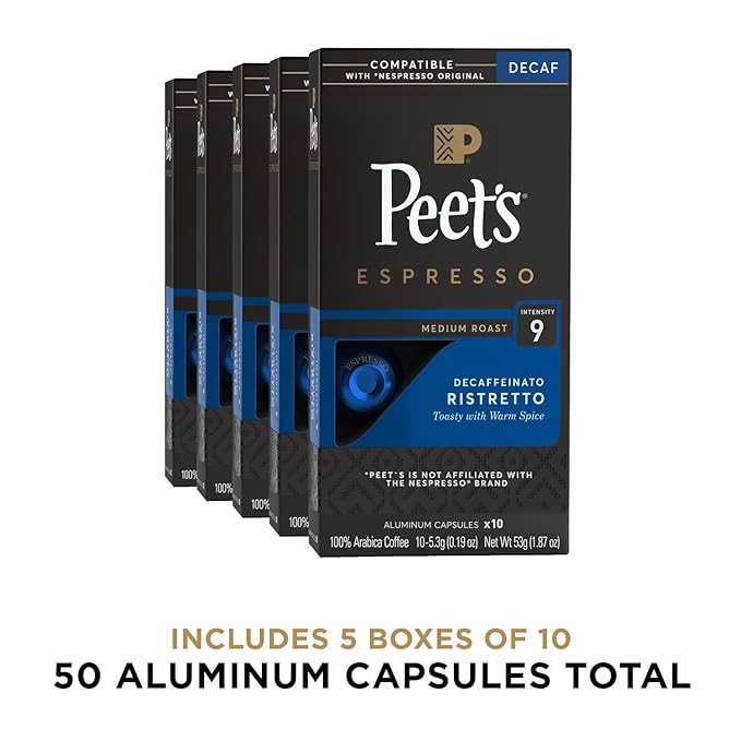 Peet's Coffee, Medium Roast Decaf Espresso Capsules, Compatible with Nespresso Original Machine