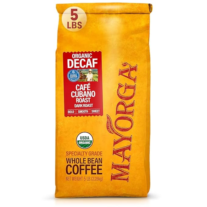 Mayorga Decaf Dark Roast 5lb Bag Cafe Swiss Water Decaffeinated Cubano Roast 100% Arabica Whole