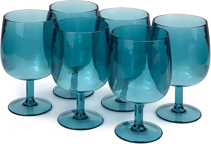 Yalin Set of 6 Unbreakable 12 oz Acrylic Plastic Wine and Water Tumbler Stackable Goblets. (Cyan