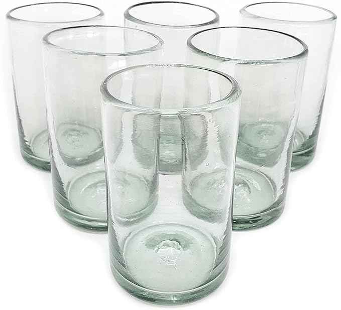 Clear 14 oz Drinking Glasses (set of 6), Hand Blown Mexican Glassware, Recycled Glass Drinking