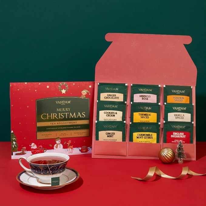 VAHDAM, Merry Christmas Tea Gift Set (9 Individually Wrapped Tea Bags) Limited Edition -Gluten