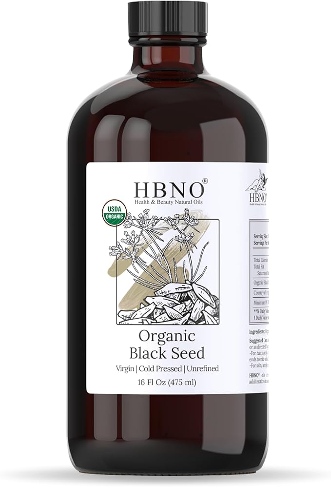 HBNO Organic Black Seed Oil - Huge 16 oz (475ml) Glass Bottle Value Size - USDA Certified Organic