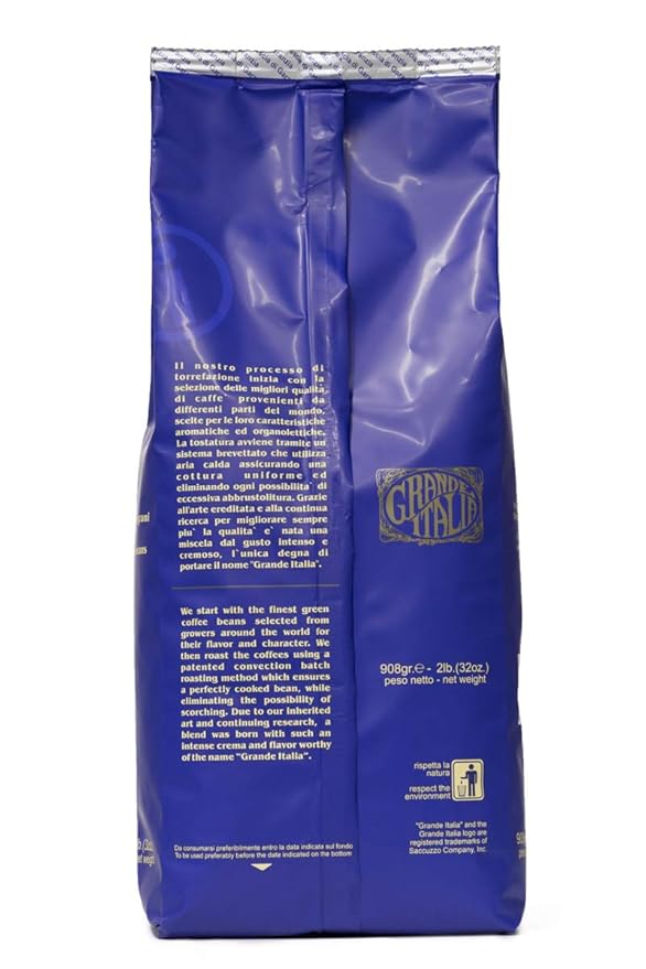 Grande Italia Espresso; Small Batch Artisan Roasted: Bar, Crema e Gusto, Whole Bean (2LB Bag, Pack