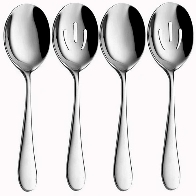 4-Piece Serving Spoons Set - Includes 2 Serving Spoons and 2 Slotted Spoons, Large Cutlery for
