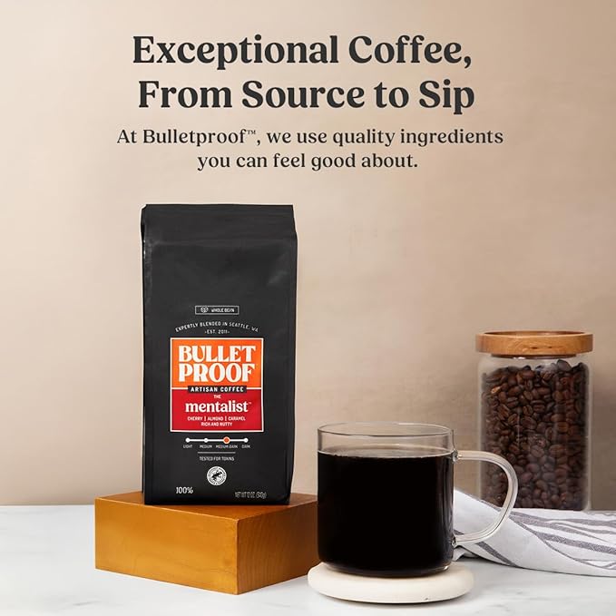 Bulletproof The Mentalist Medium-Dark Roast Whole Bean Coffee, 12 Ounces, Clean Coffee Tested for
