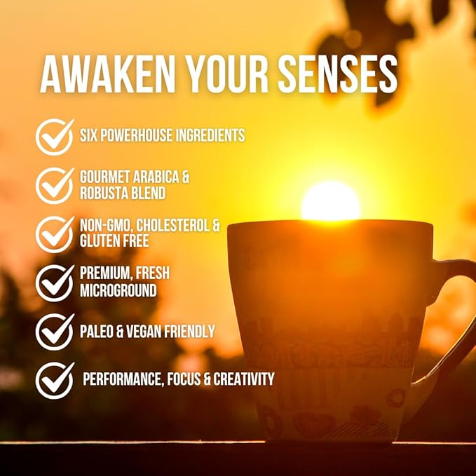 Grateful Earth Mushroom Coffee, Espresso Instant Coffee with Cinnamon, Turmeric, Lion’s Mane