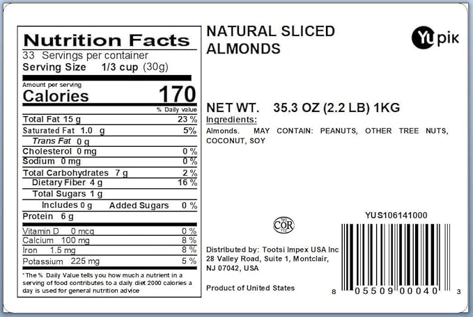 Yupik Sliced California Almonds With Skins, 2.2 lb, Unblanched, Gluten-Free, Kosher, Raw, Good