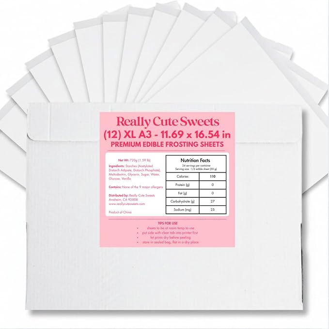 A3 XL Edible Frosting Sheets for Wide Format Edible Printers by Really Cute Sweets - 12-Pack