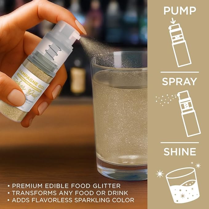 Bakell - Champagne Gold Tinker Dust Edible GLitter (4g, 1x Mini Spray Pump) for Food, Desserts, and