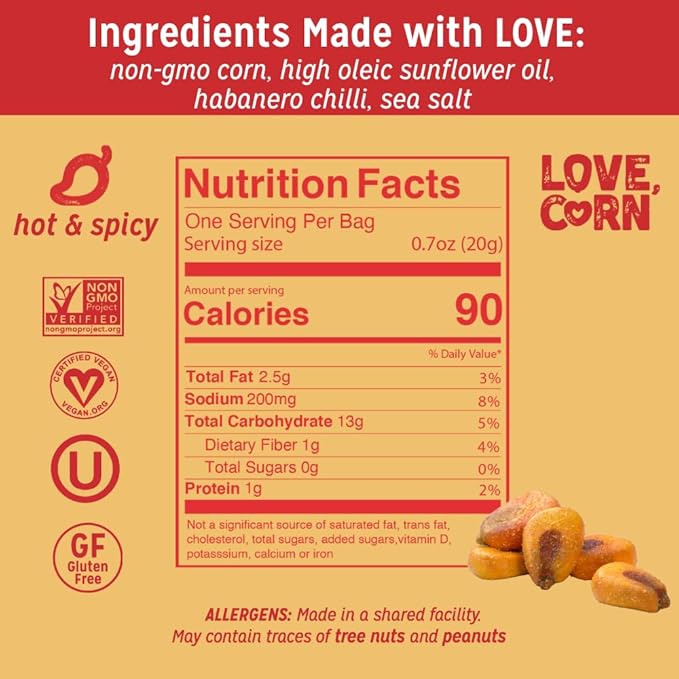 LOVE CORN | Habanero Chilli Delicious Crunchy Corn | 0.7oz, 20 bags | Low-Sugar, Gluten-Free, Plant