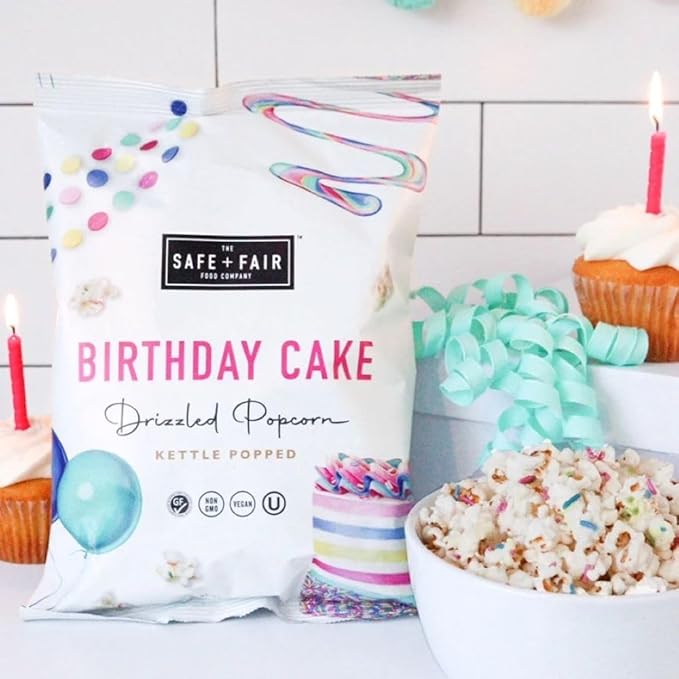 Safe + Fair Birthday Cake Drizzled Popcorn - Gluten-Free, Dairy Free and Vegan Snack - Free From