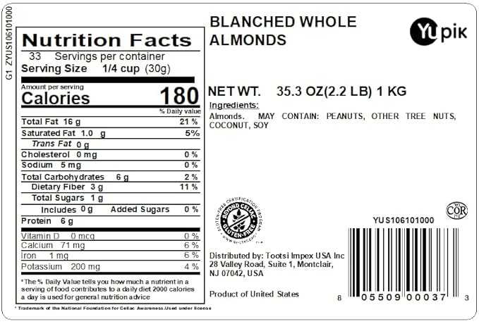 Yupik Whole Blanched California Almonds, 2.2 lb, Skinless, Unsalted, Gluten-Free, Kosher, Raw, Good