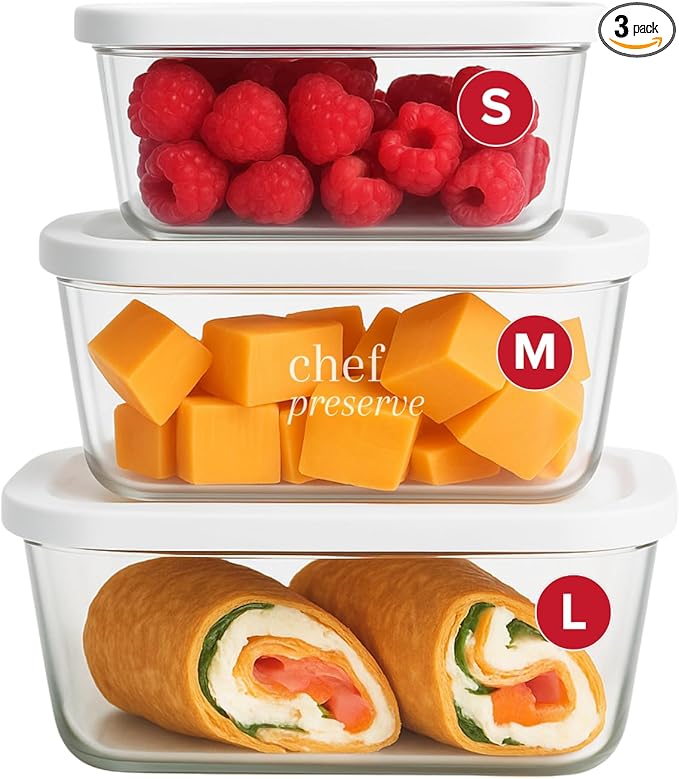 Chef Preserve Glass Vacuum Seal Containers for Food Storage, Made For Compact Vacuum Sealer, 3pcs