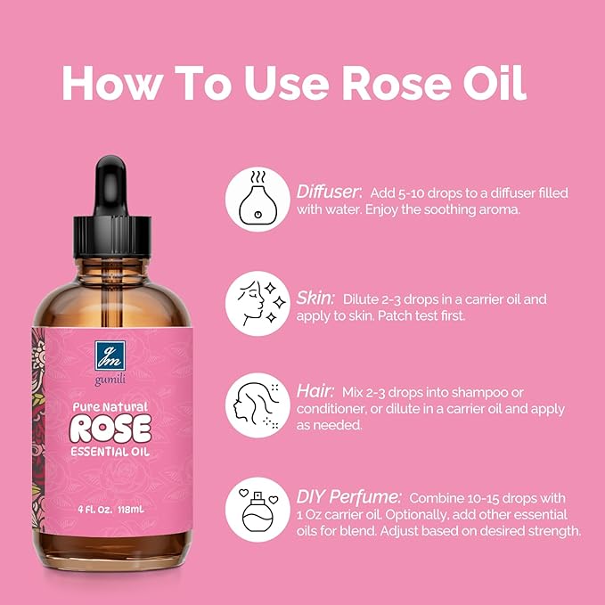 Rose Essential Oil 4 Oz, 100% Pure Natural Rose Oil for Diffuser, Skin, Hair, Body, Face Care