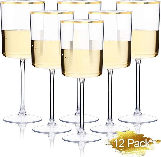 Ciaell 12 Pack Plastic Wine Glasses - 10 Oz Plastic Wine Glasses with Stem - Gold Rim Disposable