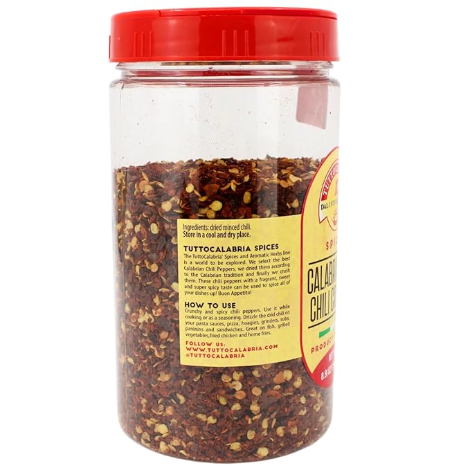 TUTTOCALABRIA Calabrian Crushed Chili Dry Pepper Flakes, Large Shaker, Product of Italy, 250 gm