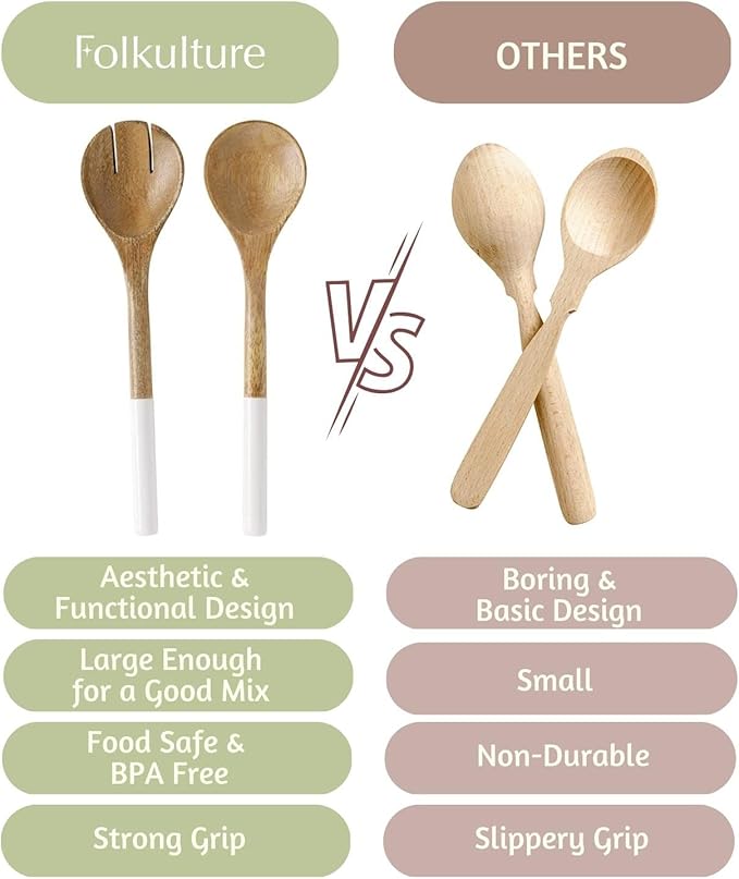 Folkulture Salad Servers or Salad Tongs, Wooden Utensils for Serving Salad, 12-inch Spoon and Fork