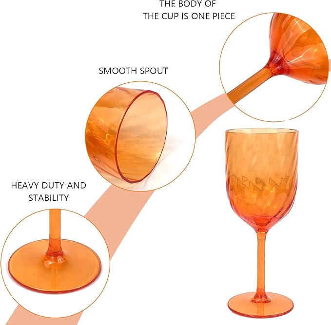 Yalin Set of 6 Unbreakable 15 oz Acrylic Plastic Wine and Water Tumbler Stackable Goblets. (Orange