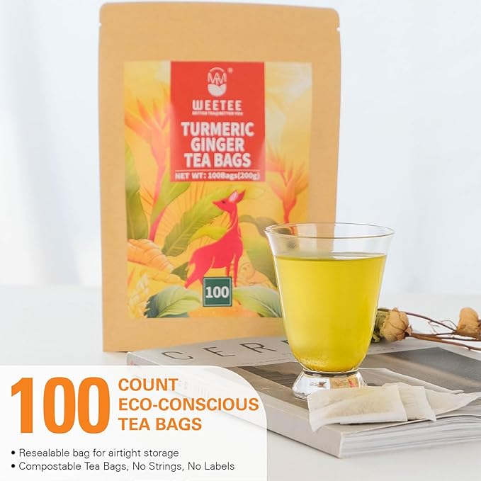 WT WEETEE Turmeric Ginger Tea Bags, 100% Pure Turmeric and Ginger Root Herbal Blend Savory & Spicy