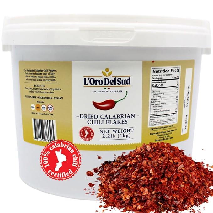 L'Oro Del Sud 100% Certified Dry Calabrian Chili Red Pepper Flakes, 1 KG (2.2 lbs), Crushed Pepper