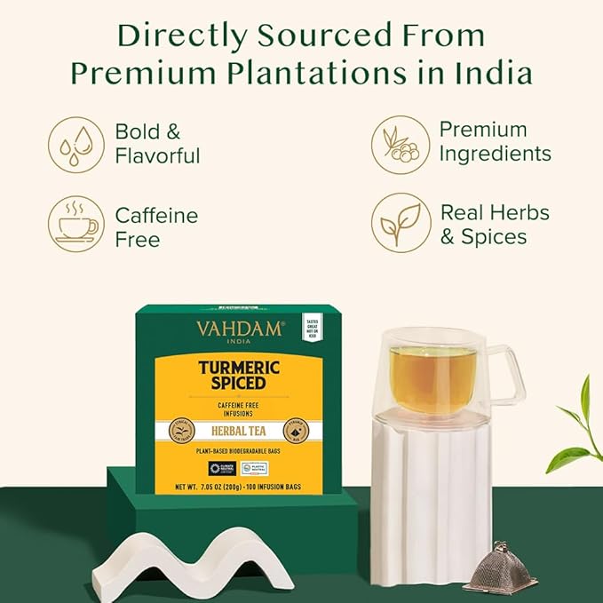 VAHDAM, Turmeric Spice Herbal Tea Bags (100 Pyramid Tea Bags) | Caffeine Free, Non GMO & Gluten