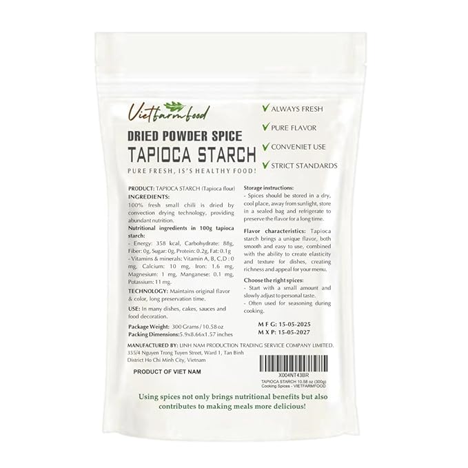 TAPIOCA STARCH 10.58 Oz (300g) VIETFARMFOOD: Natural pure, convection dried seasoning made from