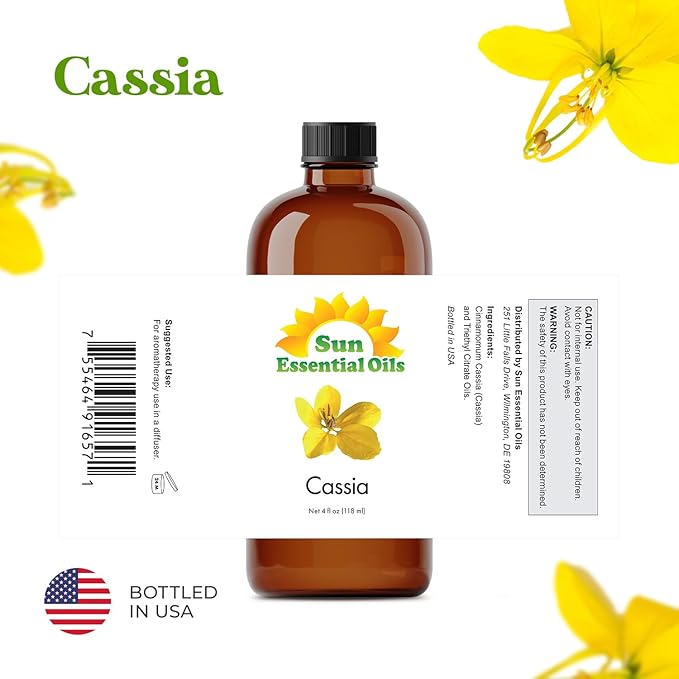 Sun Essential Oils - Cassia 4oz Bottle for Diffuser, Humidifier, Aromatherapy, Hair and Skin Care