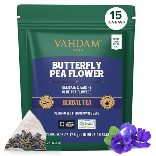 VAHDAM, Butterfly Pea Flower (15 Pyramid Bags) Vegan, Non-GMO | Delicate & Earthy | Direct From