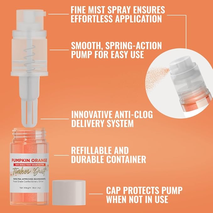 Bakell - Pumpkin Orange Tinker Dust (4g, 1x Mini Spray Pump) Edible Glitter for Food, Desserts, and