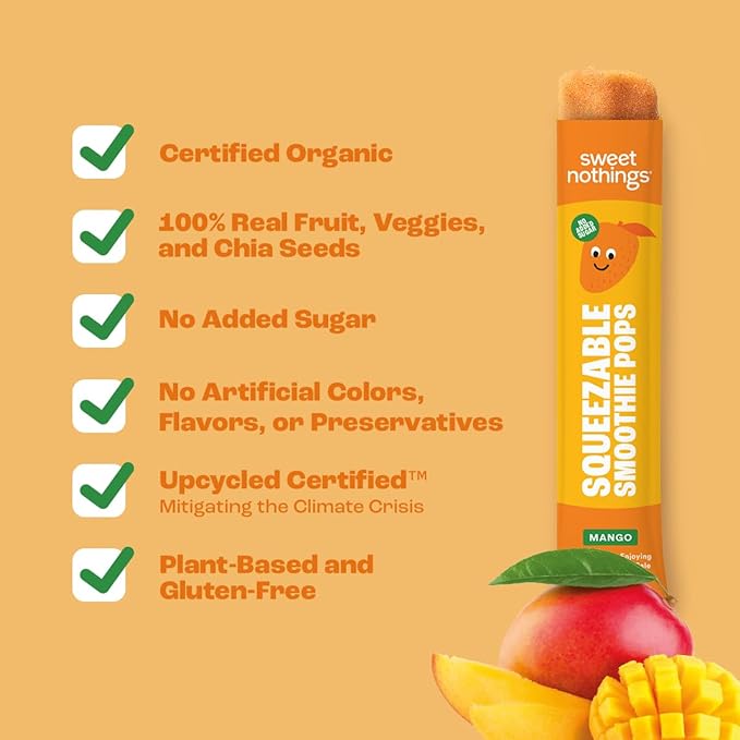 Sweet Nothings, Mango, USDA Organic Kids' Squeezable Fruit Smoothie Popsicle Pops, Value Pack of 24