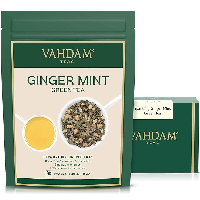 VAHDAM, Ginger Mint Green Tea Loose Leaf (50+ Cups, 3.5oz) Blend Of Ginger Tea & Mint Tea | Pure