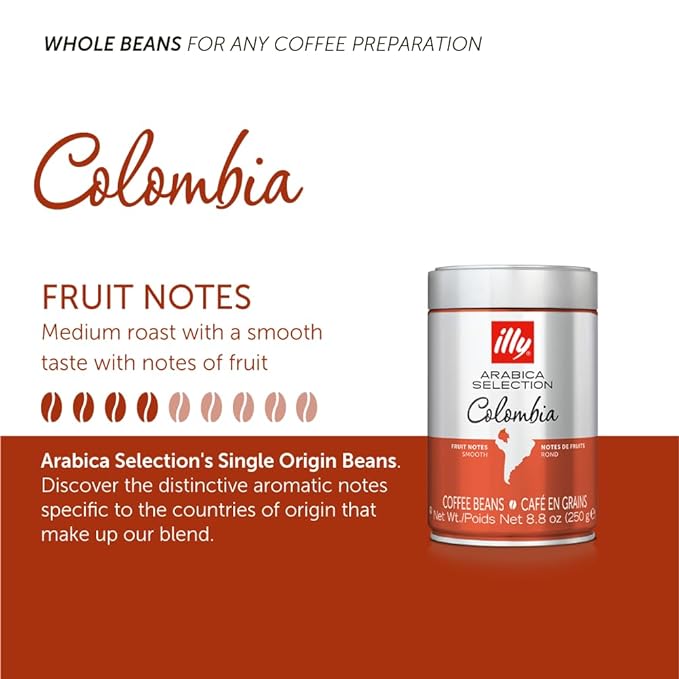 illy Whole Bean Coffee, Arabica Selections, Colombia, Single Origin, Smooth with Notes of Citrus