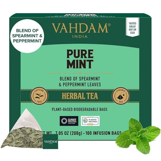 VAHDAM, Pure Mint Herbal Tea (100 Pyramid Tea Bags) Caffeine Free, Non GMO, Gluten Free | Blend of