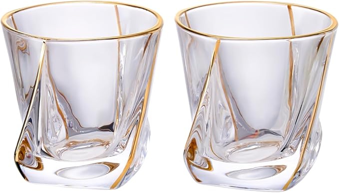 Crystal Whiskey Glasses Set of 2 with 24K Gold Rim,Bar Glasses,Twisted Whiskey Glass Gold