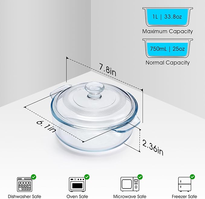 NUTRIUPS Mini Glass Casserole Dish with Lid Oven Safe Round Casserole Dish 6" Glass Baking Dish