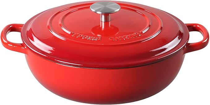 Enameled Cast Iron Dutch Oven Shallow Casserole Braiser with Dual Handle, 3.8 QT, Red