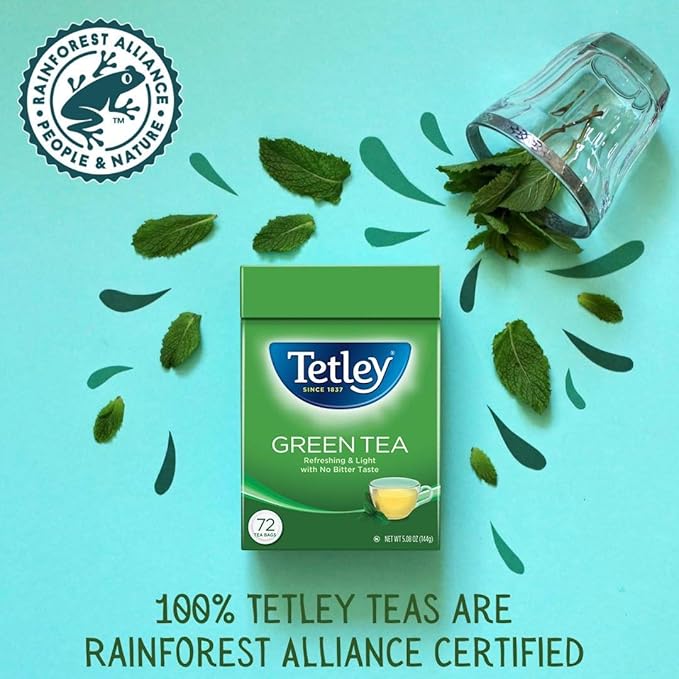 Tetley Natural Decaf Green Tea, Decaffinated Tea, 72 Teabags (Pack of 6), Rainforest Alliance