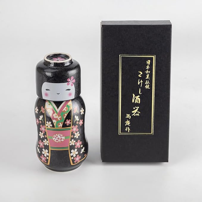 Japanese Traditional Kokeshi Design Sake Wine Soju Ceramic Set with 1 Ochoko Cup and 1 Tokkuri