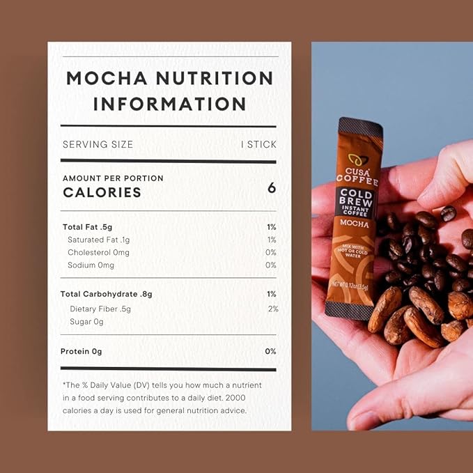 Cusa Tea & Coffee, Mocha Cold Brew. Premium Instant Coffee, Rainforest Alliance Certified Arabica