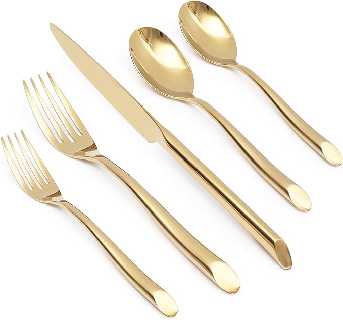 20-Piece Gold Silverware Set with Unique Handle, Stainless Steel Flatware Set, Cutlery Set Mirror