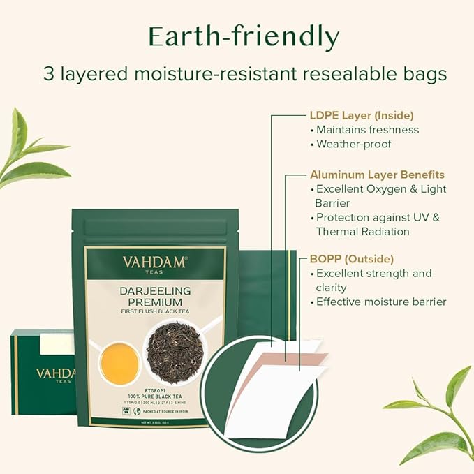 VAHDAM, First Flush Darjeeling Tea - 50 Cups (3.53oz) | Loose Leaf Black Tea - Flowery, Aromatic &