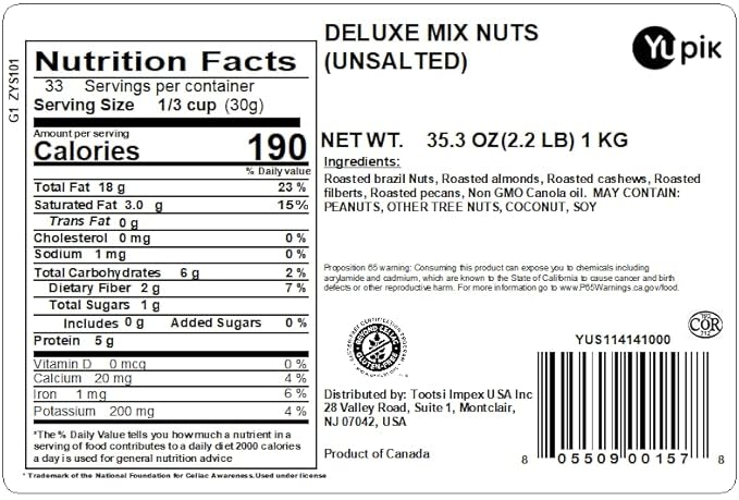 Yupik Deluxe Roasted Unsalted Nut Mix, 2.2 lb (35.2 oz), Vegan, Gluten Free, Cholesterol Free, Salt