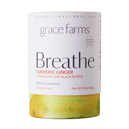 Grace Farms BREATHE Wellness Organic Tea Blend (16 Pyramid Sachets) | Turmeric and Ginger with
